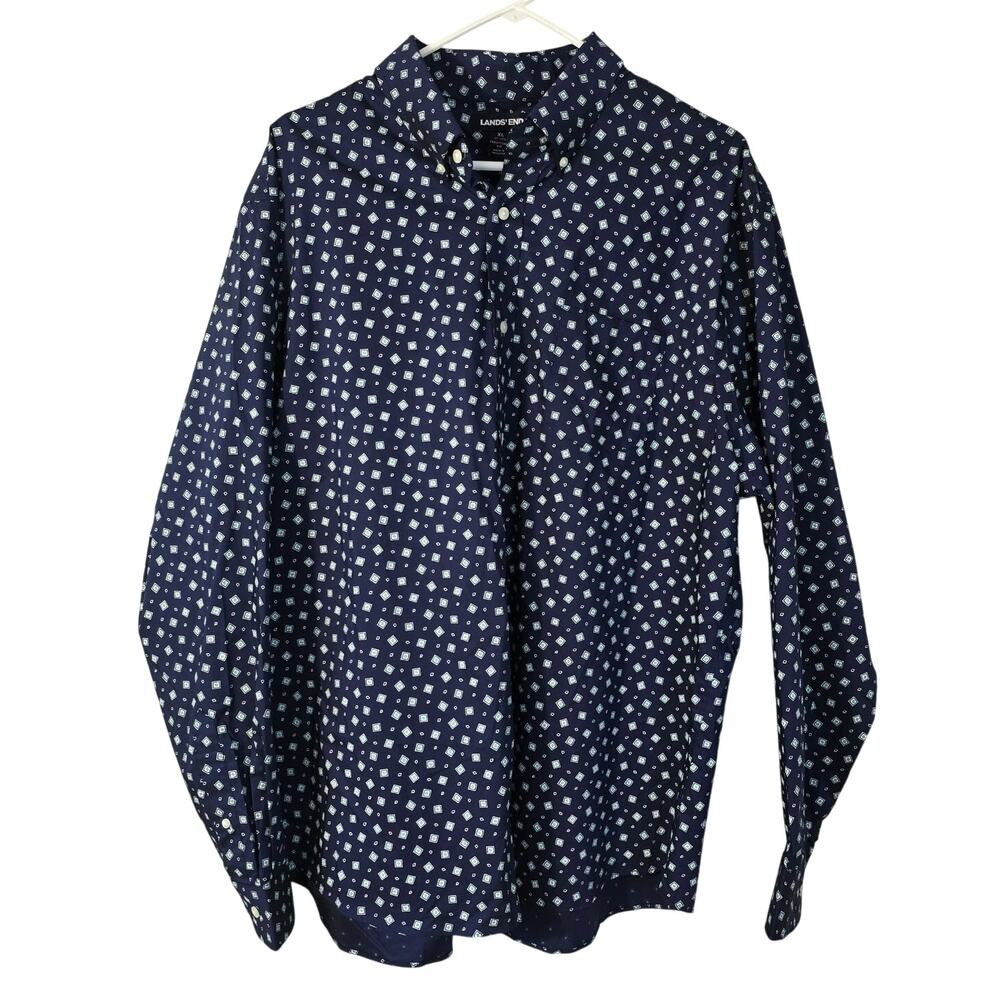 Lands' End Shirt Men's XL Navy Geometric Print Traditional Fit Cool Max Career